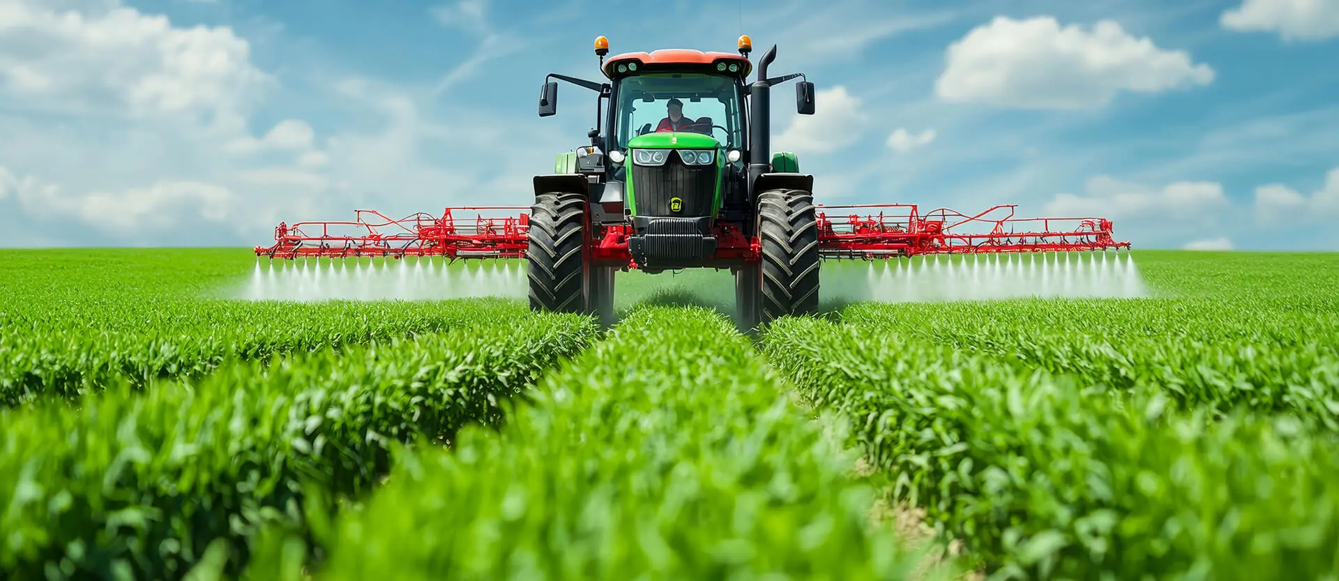 Modern tractor working on farm fields